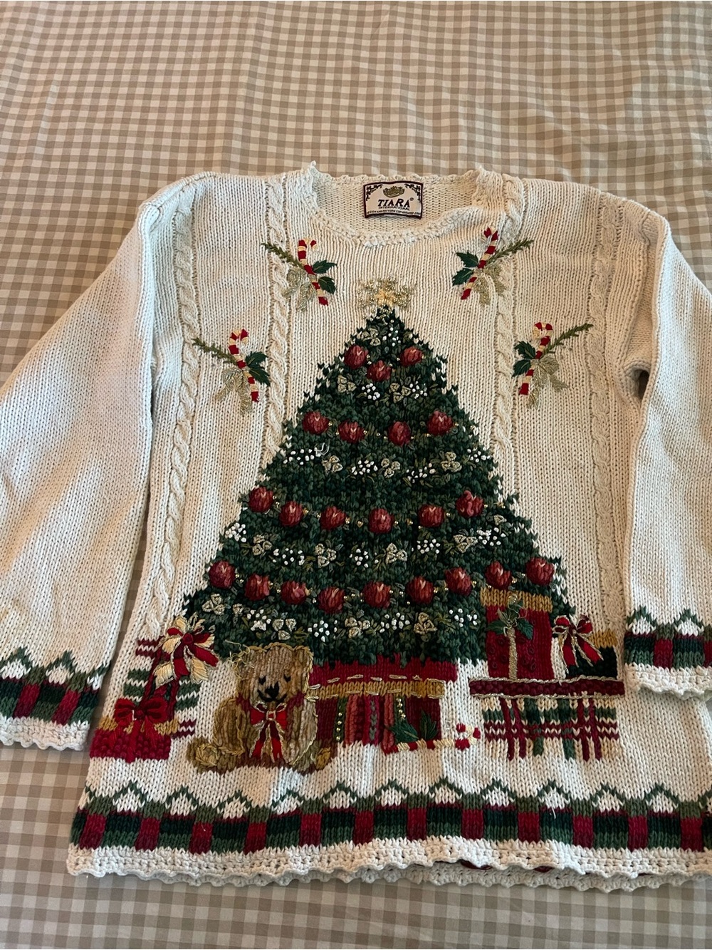 Tiara International Christmas Tree Cable Knit Sweater Sz M Vintage Beaded
